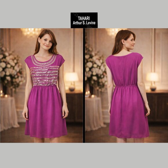 TAHARI ASL NEW Embellished Silver Ribbon Violet Cocktail Sheath Mini Dress — XS - Picture 2 of 13